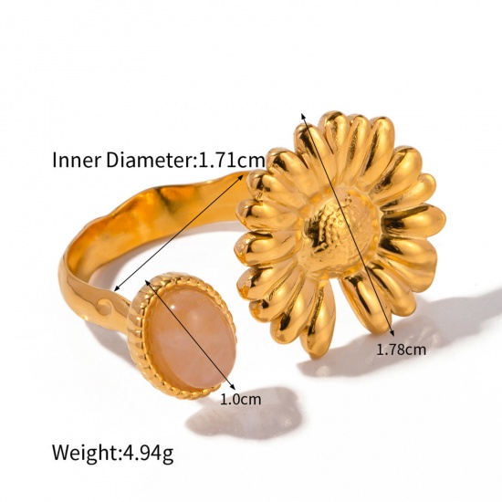 Picture of Eco-friendly Vacuum Plating Stylish Retro 18K Real Gold Plated 304 Stainless Steel & Stone Open Oval Flower Rings For Women Anniversary 17mm(US Size 6.5), 1 Piece