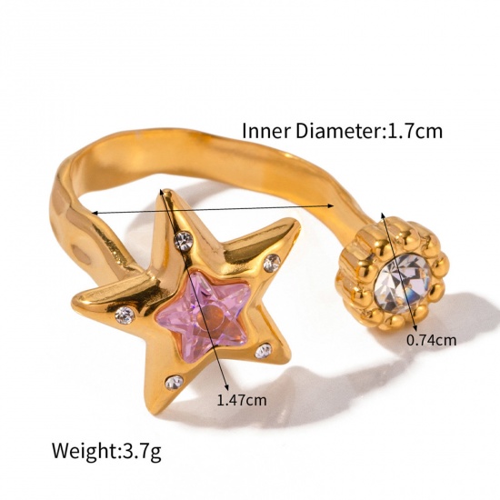 Picture of Eco-friendly Vacuum Plating Stylish Retro 18K Real Gold Plated 304 Stainless Steel & Rhinestone Open Round Pentagram Star Rings For Women Anniversary 17mm(US Size 6.5), 1 Piece