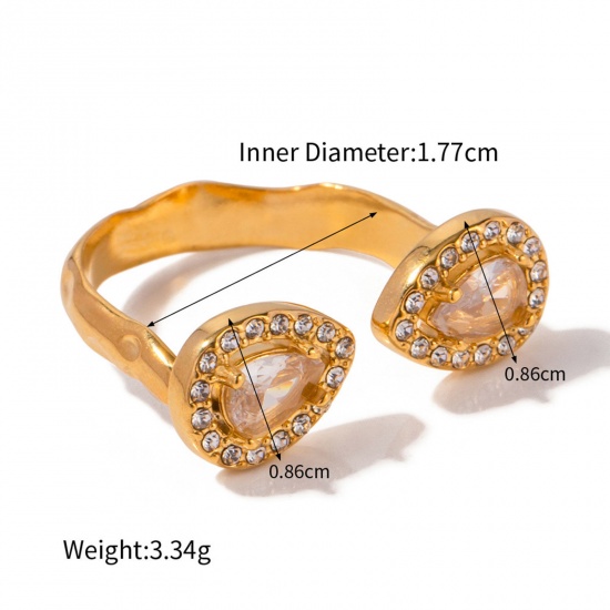 Picture of Eco-friendly Vacuum Plating Stylish Retro 18K Real Gold Plated 304 Stainless Steel & Rhinestone Open Drop Rings For Women Anniversary 17mm(US Size 6.5), 1 Piece
