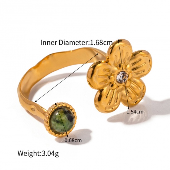 Picture of Eco-friendly Vacuum Plating Stylish Retro 18K Real Gold Plated 304 Stainless Steel & Stone Open Round Flower Rings For Women Anniversary 17mm(US Size 6.5), 1 Piece