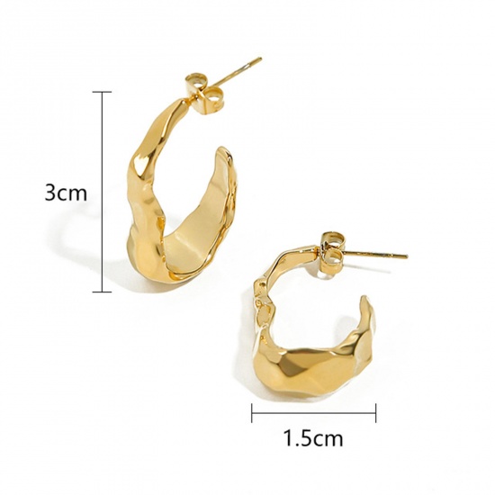 Picture of Eco-friendly Vacuum Plating Simple & Casual Hammered 18K Real Gold Plated 304 Stainless Steel C Shape Hoop Earrings For Women Party 3cm x 1.5cm, 1 Pair
