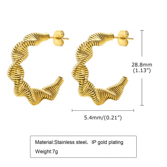 Picture of Eco-friendly Vacuum Plating Minimalist Stylish 18K Real Gold Plated 304 Stainless Steel C Shape Spiral Hoop Earrings For Women Party 2.9cm, 1 Pair