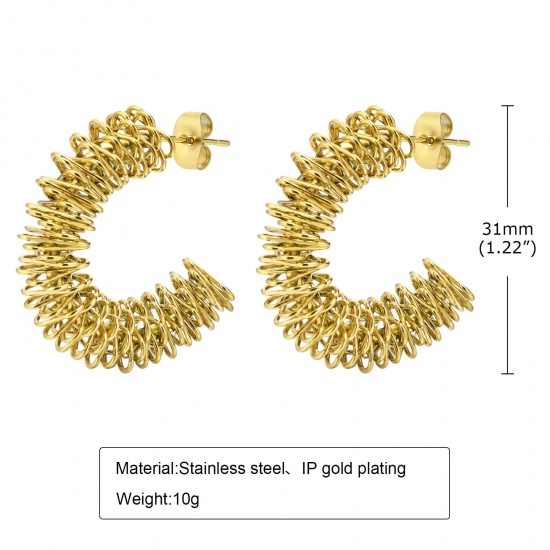 Picture of Eco-friendly Vacuum Plating Minimalist Stylish 18K Real Gold Plated 304 Stainless Steel C Shape Weave Textured Hoop Earrings For Women Party 3.1cm, 1 Pair