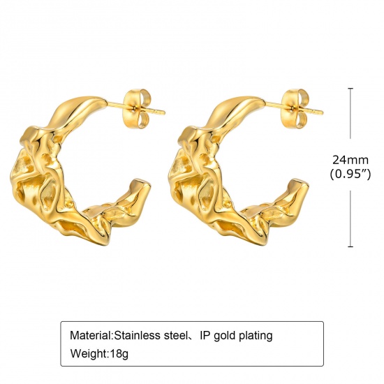 Picture of Eco-friendly Vacuum Plating Minimalist Hammered 18K Real Gold Plated 304 Stainless Steel C Shape Hoop Earrings For Women Party 2.4cm, 1 Pair