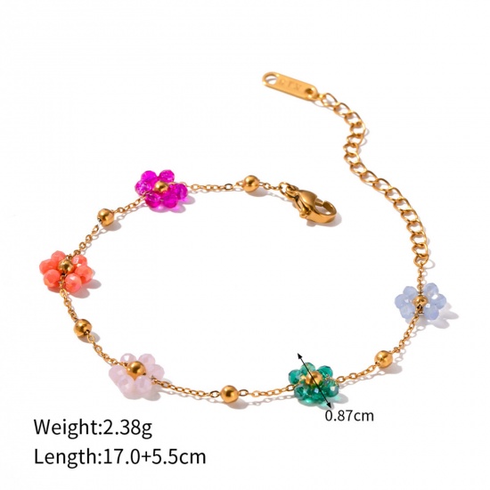 Picture of 1 Piece Vacuum Plating Sweet & Cute Stylish 18K Real Gold Plated 304 Stainless Steel Ball Chain Flower Bracelets For Women Engagement 17cm(6 6/8") long