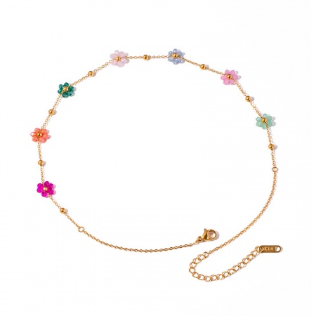 1 Pz Placcatura Sottovuoto Dolce & Carino Elegante 18K Vero Oro Placcato Multicolore 304 Acciaio Inossidabile Catena a Pallini Fiore Strozzatore Collana Per Donne Fidanzamento 37.5cm Lunghezza