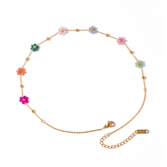 Picture of 1 Piece Vacuum Plating Sweet & Cute Stylish 18K Real Gold Plated Multicolor 304 Stainless Steel Ball Chain Flower Choker Necklace For Women Engagement 37.5cm(14 6/8") long