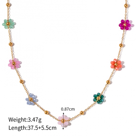 Picture of 1 Piece Vacuum Plating Sweet & Cute Stylish 18K Real Gold Plated Multicolor 304 Stainless Steel Ball Chain Flower Choker Necklace For Women Engagement 37.5cm(14 6/8") long