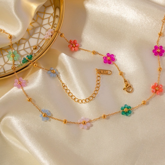 Picture of 1 Piece Vacuum Plating Sweet & Cute Stylish 18K Real Gold Plated Multicolor 304 Stainless Steel Ball Chain Flower Choker Necklace For Women Engagement 37.5cm(14 6/8") long