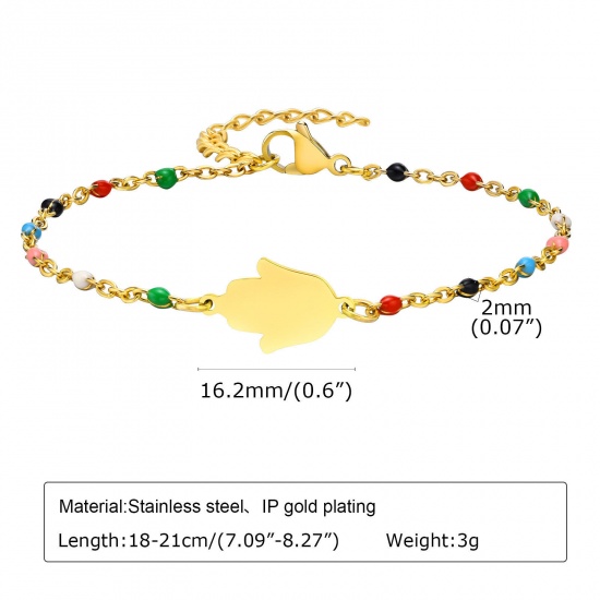 Picture of Eco-friendly Simple & Casual Simple 18K Gold Color 304 Stainless Steel Link Cable Chain Hamsa Symbol Hand Bracelets For Women Party 18cm-21cm long, 1 Piece