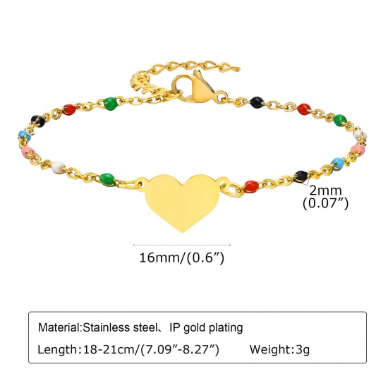 Picture of Eco-friendly Simple & Casual Simple 18K Gold Color 304 Stainless Steel Link Cable Chain Heart Bracelets For Women Party 18cm-21cm long, 1 Piece