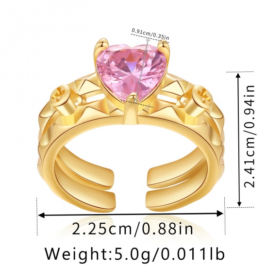 Picture of Eco-friendly Vacuum Plating Sweet & Cute Stylish 18K Real Gold Plated Brass & Cubic Zirconia Open Adjustable Heart Rings For Women Party 22mm(US Size 12.75), 1 Piece