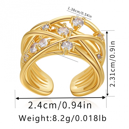 Picture of Eco-friendly Vacuum Plating Sweet & Cute Stylish 18K Real Gold Plated Brass & Cubic Zirconia Open Adjustable Streak Rings For Women Party 24mm, 1 Piece