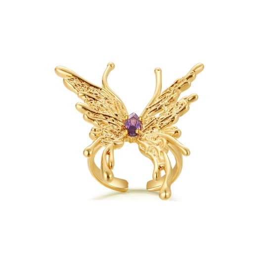 Picture of Eco-friendly Vacuum Plating Sweet & Cute Stylish 18K Real Gold Plated Brass & Cubic Zirconia Open Adjustable Butterfly Animal Rings For Women Party 21mm(US Size 11.5), 1 Piece