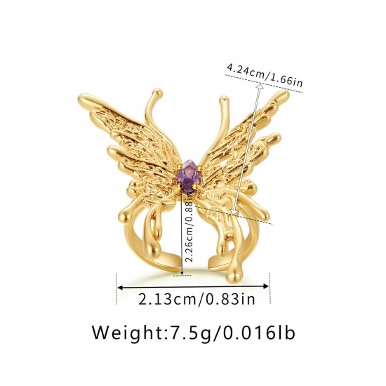 Picture of Eco-friendly Vacuum Plating Sweet & Cute Stylish 18K Real Gold Plated Brass & Cubic Zirconia Open Adjustable Butterfly Animal Rings For Women Party 21mm(US Size 11.5), 1 Piece