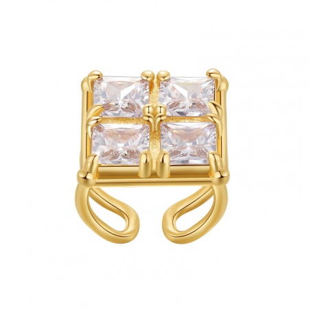 Bild von Umweltfreundliche Vakuumbeschichtung Süß Stilvoll 18K Echtgold plattiert Messing & Kubisch Zirkonia Offen Verstellbar Quadrat Ring Für Frauen Party 22mm（US Größe:12,75), 1 Stück