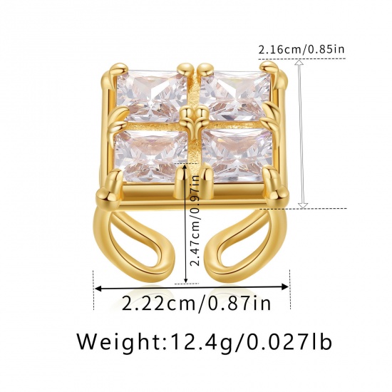 Picture of Eco-friendly Vacuum Plating Sweet & Cute Stylish 18K Real Gold Plated Brass & Cubic Zirconia Open Adjustable Square Rings For Women Party 22mm(US Size 12.75), 1 Piece