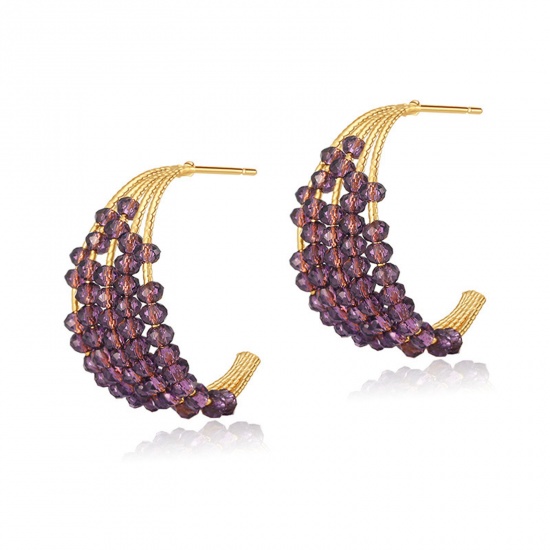 Picture of Eco-friendly Simple & Casual Exquisite 18K Gold Color Brass & Crystal Half Moon Beaded Ear Post Stud Earrings For Women Party 2.6cm, 1 Pair