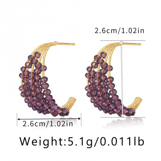 Picture of Eco-friendly Simple & Casual Exquisite 18K Gold Color Brass & Crystal Half Moon Beaded Ear Post Stud Earrings For Women Party 2.6cm, 1 Pair
