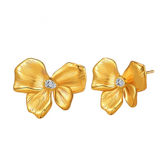 Immagine di Placcatura Sottovuoto Ecologica Dolce & Carino Retrò 18K Vero Oro Placcato Ottone & Zircone Cubico Farfalla Fiore Orecchini a Perno Per Donne Festa 2.3cm x 1.8cm, 1 Paio