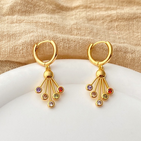 Picture of Eco-friendly Vacuum Plating Sweet & Cute Stylish 18K Real Gold Plated Brass & Rhinestone Fan-shaped Earrings For Women Party 3.5cm x 1.3cm, 1 Pair