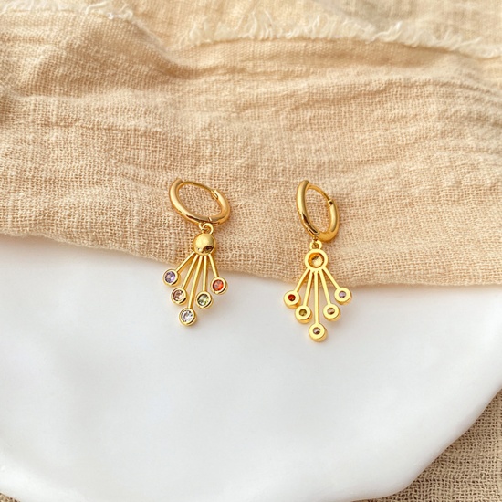 Picture of Eco-friendly Vacuum Plating Sweet & Cute Stylish 18K Real Gold Plated Brass & Rhinestone Fan-shaped Earrings For Women Party 3.5cm x 1.3cm, 1 Pair