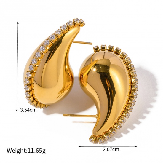 Picture of 1 Pair Eco-friendly Vacuum Plating Exquisite Cute 18K Real Gold Plated 304 Stainless Steel & Rhinestone Comma Drop Ear Post Stud Earrings For Women Party 3.5cm x 2cm