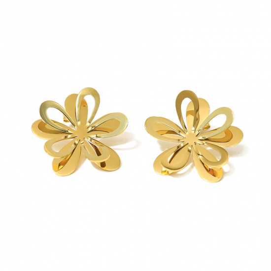 Picture of 1 Pair Eco-friendly Vacuum Plating Stylish Style Of Royal Court Character 18K Real Gold Plated 304 Stainless Steel Flower Hollow Ear Post Stud Earrings For Women Anniversary 2.5cm x 2.5cm
