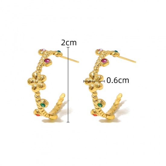 Picture of 1 Pair Eco-friendly Vacuum Plating Sweet & Cute Stylish 18K Real Gold Plated 304 Stainless Steel & Rhinestone C Shape Flower Hoop Earrings For Women Party 2cm