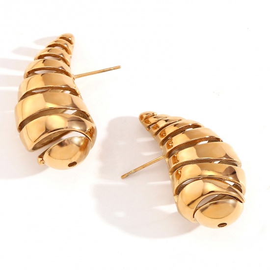 Picture of 1 Pair Eco-friendly Vacuum Plating Simple & Casual Retro 18K Real Gold Plated 316L Stainless Steel Comma Drop Hollow Ear Post Stud Earrings For Women Party 3.5cm x 1.5cm