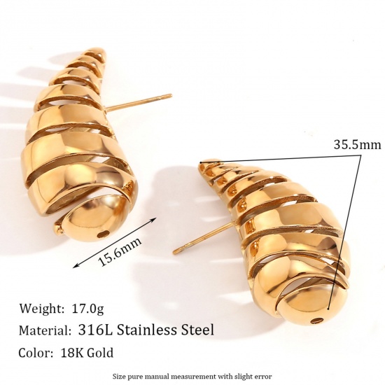 Picture of 1 Pair Eco-friendly Vacuum Plating Simple & Casual Retro 18K Real Gold Plated 316L Stainless Steel Comma Drop Hollow Ear Post Stud Earrings For Women Party 3.5cm x 1.5cm