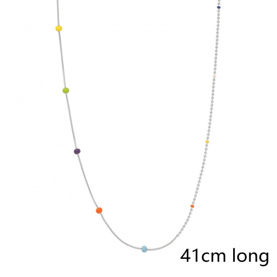 Picture of 1 Piece Eco-friendly Vacuum Plating Simple & Casual Boho Chic Bohemia Real Platinum Plated 304 Stainless Steel Ball Chain Splicing Necklace For Women 41cm(16 1/8") long