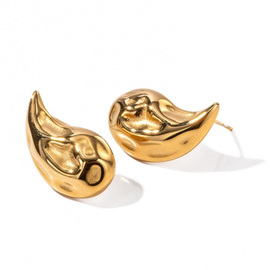 Picture of 1 Pair Eco-friendly Vacuum Plating Retro Hammered 18K Real Gold Plated 304 Stainless Steel Drop Ear Post Stud Earrings For Women Party 2.1cm x 1.2cm