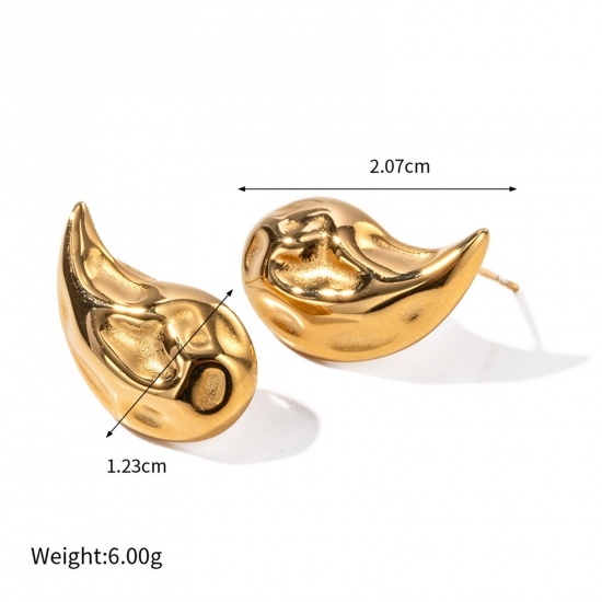 Picture of 1 Pair Eco-friendly Vacuum Plating Retro Hammered 18K Real Gold Plated 304 Stainless Steel Drop Ear Post Stud Earrings For Women Party 2.1cm x 1.2cm