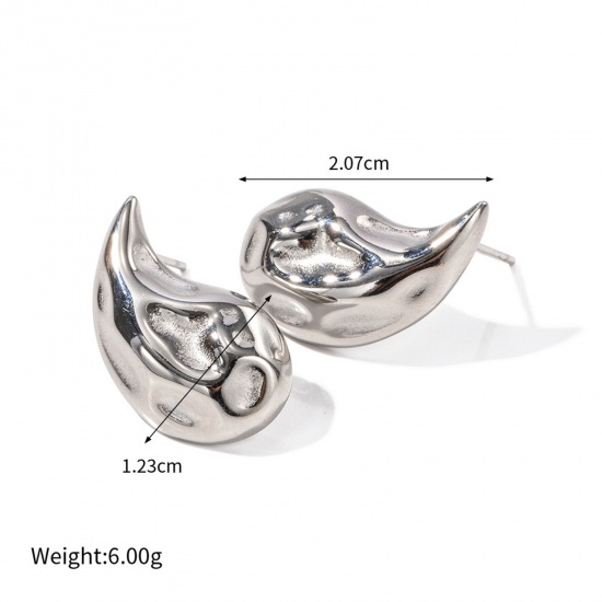 Picture of 1 Pair Eco-friendly Vacuum Plating Retro Hammered Real Platinum Plated 304 Stainless Steel Drop Ear Post Stud Earrings For Women Party 2.1cm x 1.2cm
