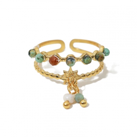 Picture of Wholesale Women's Gift Tassel Star Open Rings, 18K Real Gold Plated 304 Stainless Steel & Stone, Eco-friendly Vacuum Plating Boho Chic Bohemia Natural Pastoral Jewelry Supply, 18mm(US Size 7.75), 1 Piece