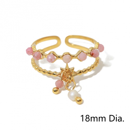 Imagen de 1 Unidad Enchapado al Vacío Ecológico Pastoral Natural Bohemia 18K Oro Real Chapado 304 Acero Inoxidable & Piedra Abierto Panícula Estrella Anillos Para Mujeres Fiesta 18mm (US Size 7.75)