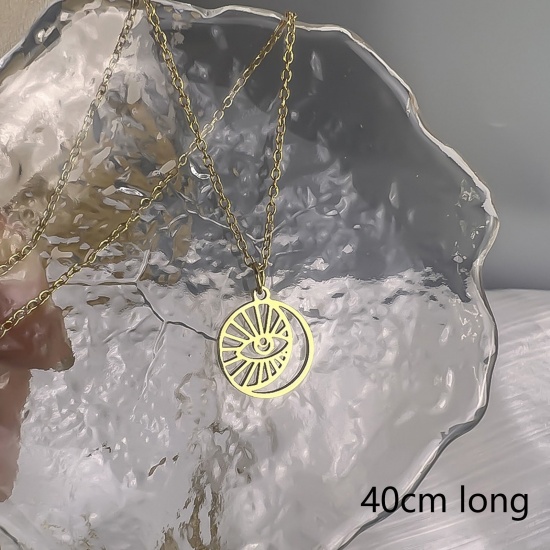 Image de 1 Pièce Collier à Pendentif Chaîne Maille Forçat Religieux en 304 Acier Inoxydable Placage Sous Vide Écologique Vintage Plaqué Or 18K Rond Œil Mauvais Creux Unisexe Fête 40cm long