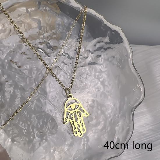 Picture of 1 Piece Eco-friendly Vacuum Plating Retro Religious 18K Gold Plated 304 Stainless Steel Link Cable Chain Hamsa Symbol Hand Evil Eye Hollow Pendant Necklace Unisex Party 40cm(15 6/8") long