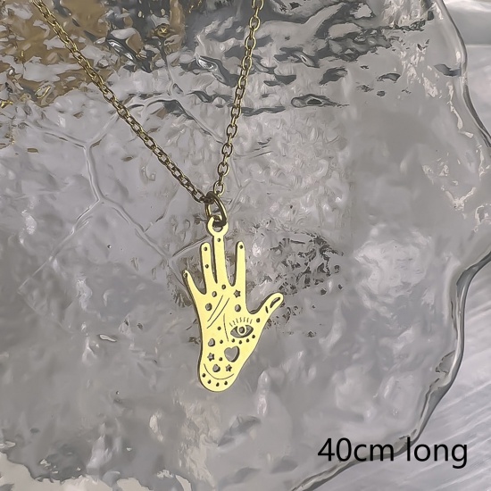 Picture of 1 Piece Eco-friendly Vacuum Plating Retro Religious 18K Gold Plated 304 Stainless Steel Link Cable Chain Hamsa Symbol Hand Heart Hollow Pendant Necklace Unisex Party 40cm(15 6/8") long