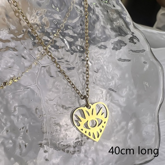 Picture of 1 Piece Eco-friendly Vacuum Plating Retro Religious 18K Gold Plated 304 Stainless Steel Link Cable Chain Heart Evil Eye Hollow Pendant Necklace Unisex Party 40cm(15 6/8") long