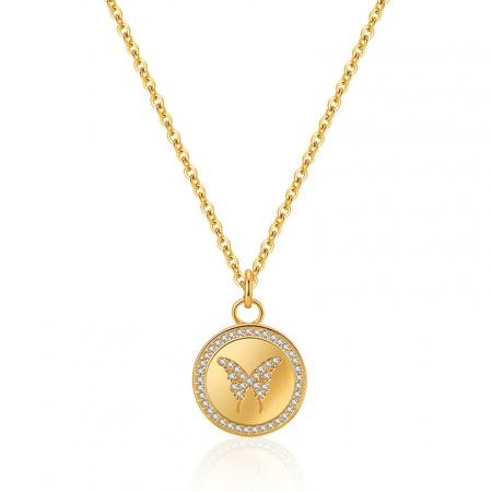 1 Piece Eco-friendly Vacuum Plating Stylish Simple 18K Real Gold Plated Brass & Cubic Zirconia Link Cable Chain Round Butterfly Pendant Necklace For Women Party 41cm(16 1/8") long