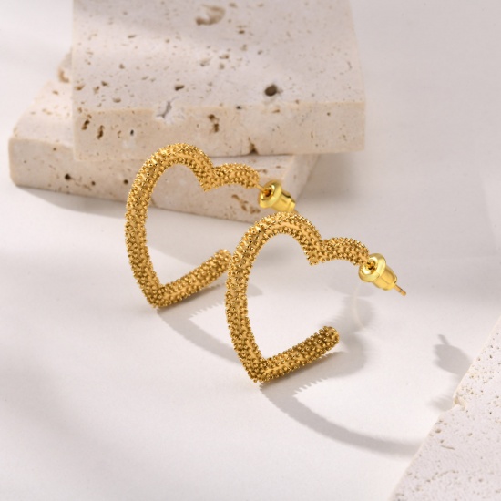 Picture of 1 Pair Eco-friendly Vacuum Plating Stylish Retro 18K Real Gold Plated 304 Stainless Steel Heart Dot Hoop Earrings For Women Party 2.8cm
