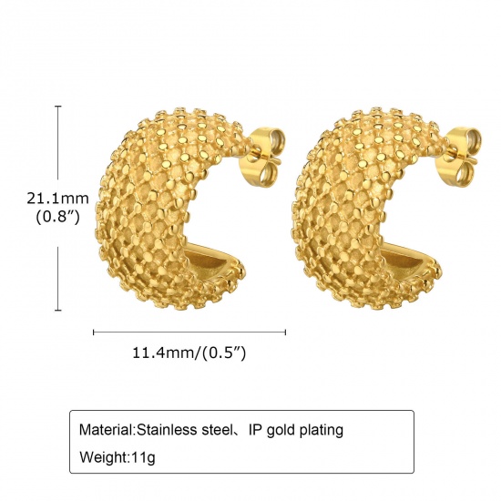 Immagine di 1 Paio Placcatura Sottovuoto Ecologica Semplice & Casual Retrò 18K Oro riempito 304 Acciaio Inossidabile forma di C Tessuto Strutturato Orecchini a Perno Per Donne Festa 2.1cm x 1.1cm