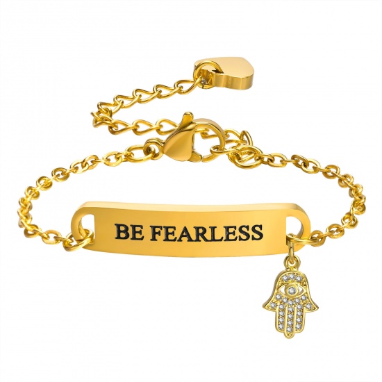 Picture of 1 Piece Eco-friendly Vacuum Plating Exquisite Simple 18K Real Gold Plated 304 Stainless Steel & Brass Strip Hamsa Symbol Hand Message " BE FEARLESS " Charm Bracelets For Children Anniversary 12cm(4 6/8") long