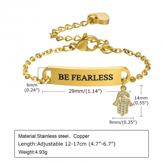 Picture of 1 Piece Eco-friendly Vacuum Plating Exquisite Simple 18K Real Gold Plated 304 Stainless Steel & Brass Strip Hamsa Symbol Hand Message " BE FEARLESS " Charm Bracelets For Children Anniversary 12cm(4 6/8") long