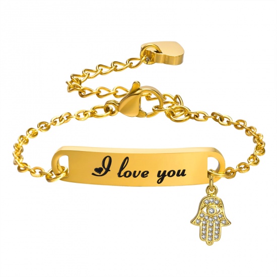 Picture of 1 Piece Eco-friendly Vacuum Plating Exquisite Simple 18K Real Gold Plated 304 Stainless Steel & Brass Strip Hamsa Symbol Hand Message " I Love you " Charm Bracelets For Children Anniversary 12cm(4 6/8") long