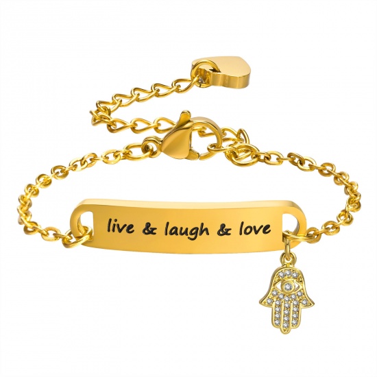 Picture of 1 Piece Eco-friendly Vacuum Plating Exquisite Simple 18K Real Gold Plated 304 Stainless Steel & Brass Strip Hamsa Symbol Hand Message " Live " Charm Bracelets For Children Anniversary 12cm(4 6/8") long