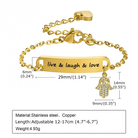 Picture of 1 Piece Eco-friendly Vacuum Plating Exquisite Simple 18K Real Gold Plated 304 Stainless Steel & Brass Strip Hamsa Symbol Hand Message " Live " Charm Bracelets For Children Anniversary 12cm(4 6/8") long