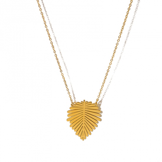 Picture of 1 Piece Vacuum Plating Simple & Casual Ins Style 18K Real Gold Plated 304 Stainless Steel Link Cable Chain Leaf Pendant Necklace For Women Party 42cm(16 4/8") long